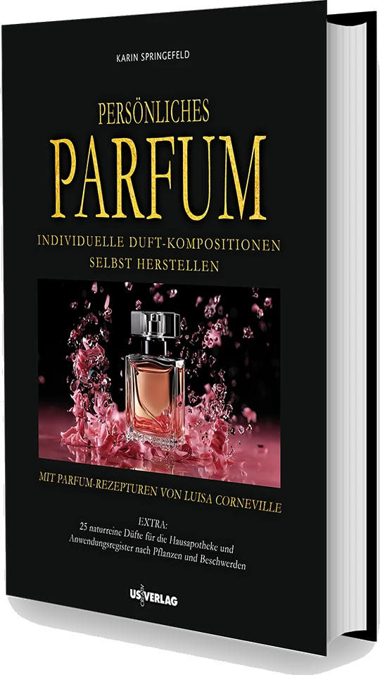 Buchcover Persönliches Parfum von Karin Springefeld – Parfumflakon mit rosa Spritzwasser auf schwarzem Grund